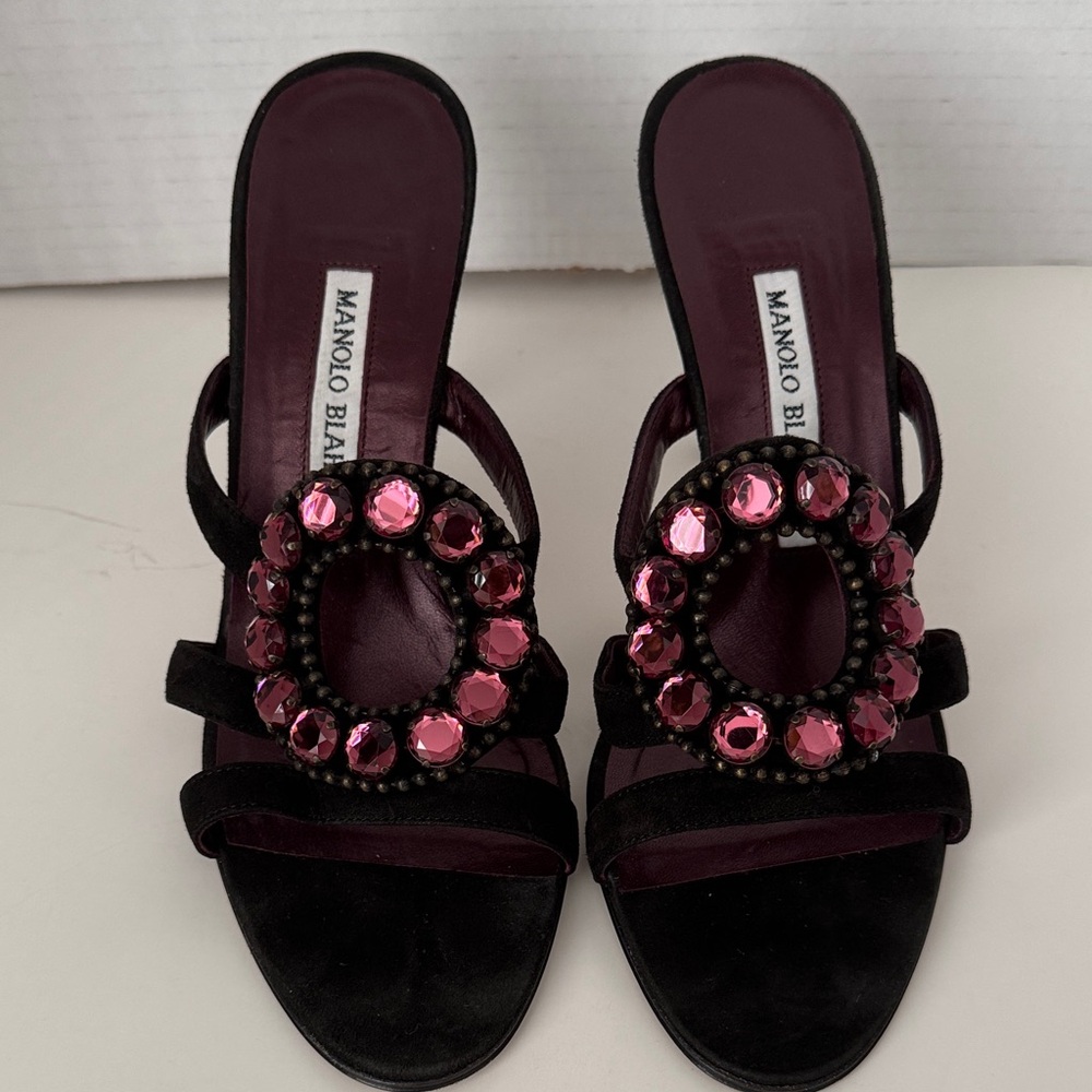 Manolo Blahnik Black and Purple Embellished Heels